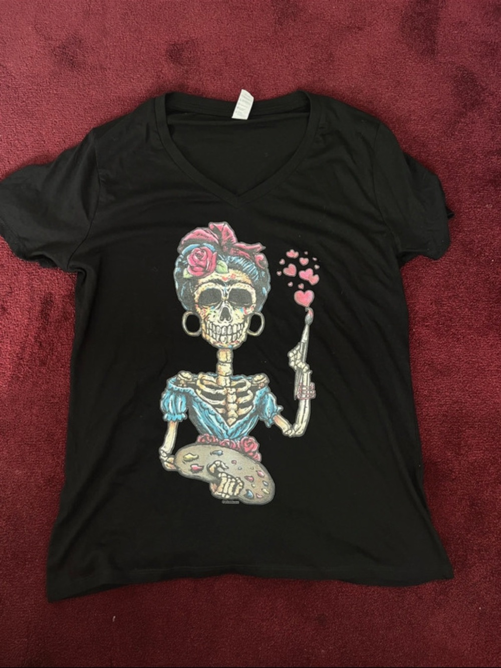 Black V-Neck Short Sleeve Tee with Colorful Skeleton Artist Graphic